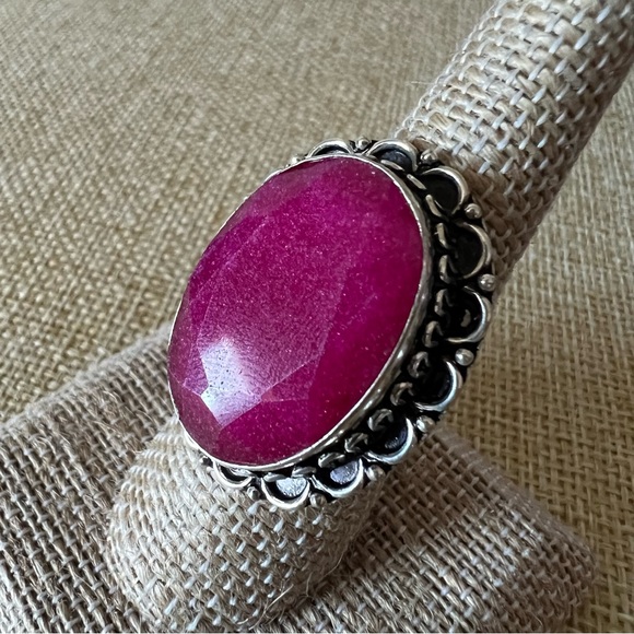 New Enhanced Faceted Ruby Silver Overlay Ring Size 7.5 - 7.75 - Picture 3 of 10